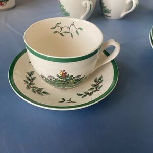 Spode Christmas Teacup and Saucer Set in Green and Cream